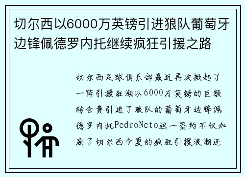 切尔西以6000万英镑引进狼队葡萄牙边锋佩德罗内托继续疯狂引援之路